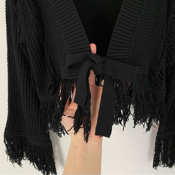 Tularosa Fringe Cardigan Sweater Womens Size Small Black Tie Front Cropped - Picture 7 of 12